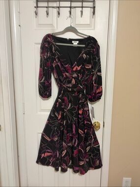 DKNY Black Wrap Midi Dress with Pink & Purple Floral Print